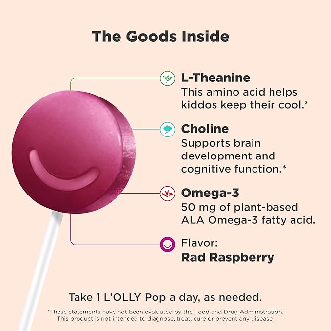 OLLY Mellow Buddies L’OLLY Pops, Omega-3 ALA, L-Theanine, Choline, Kids Dietary Supplement Lollipops, Supports a Calm Mood & Healthy Brain Function, Vegetarian, Raspberry Flavored, 25 Count