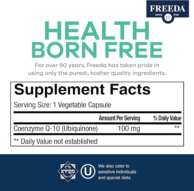 FREEDA CoQ10 100mg - Kosher Coenzyme Q10 Dietary Supplement for Cardiovascular Heart Health, Blood Pressure Support, Oral Gum Health, and Healthy Aging - Pure CoQ10 Capsules, 100 Count