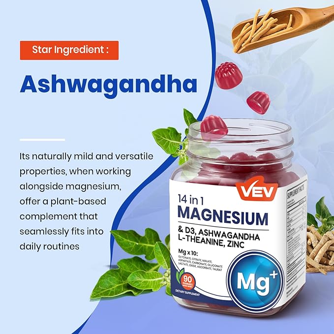 VEV DeepCalm 14-in-1 Magnesium Complex Gummies – with Ashwagandha, L-Theanine, D3 & Zinc – Cortisol Supplements for Women – 90 Sugar-Free Vegan Magnesium Glycinate Complex Gummies