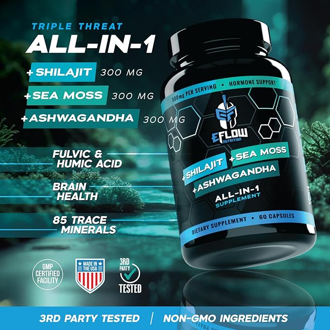 eFlow Nutrition Shilajit Capsules, Ashwagandha, Sea Moss [All-in-1] Trace Minerals, Fulvic Acid, Lab Tested Pure Himalayan Shilajit for Men & Women | Energy, Vitality & Hormonal Support (60 Capsules)
