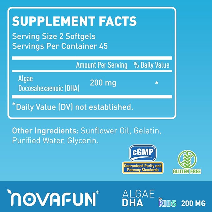 Algal Sourced Omega-3 & DHA Softgels for Kids, Brain, Eye and Heart Health, Cognitive & Immune Function, Learning, Social Development - Non-GMO - 200 mg - 45 Day Supply - 90 ct