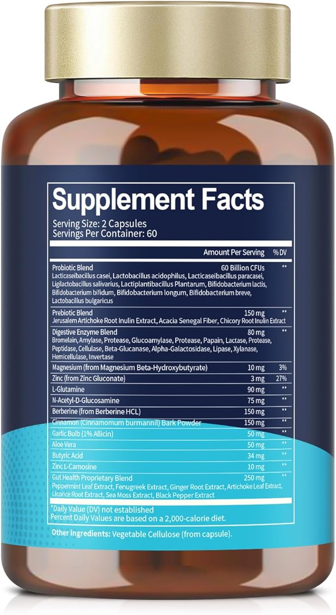 4-in-1 Gut Health Supplement with Probiotics, Prebiotics, Postbiotics & Digestive Enzymes for Women & Men, 60 Billion CFU Probiotics for Gut and Digestion, Strong Immunity, Skin (120 Capsules)