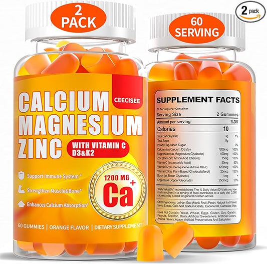Calcium Magnesium Gummies for Women Men: 1200mg Calcium Citrate Zinc with Vitamin C D3 K2 - Vegan Sugar Free High Absorption Supplement(120Count)