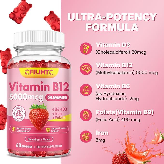 Vitamin B12 Gummies for Women & Men, 5000mcg Methyl B12 Gummies with Vitamin B6, D3, Iron, Folate for Adults, Supports Energy & Metabolism Boost, Mood, Immune & Nervous System, Sugar Free Strawberry