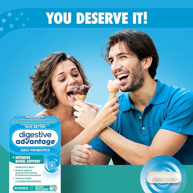 Digestive Advantage IBS Daily Probiotic Capsules for Digestive Health & Gut Health, Probiotics for Men and Women (96 Count Box) - Digestible Enzymes