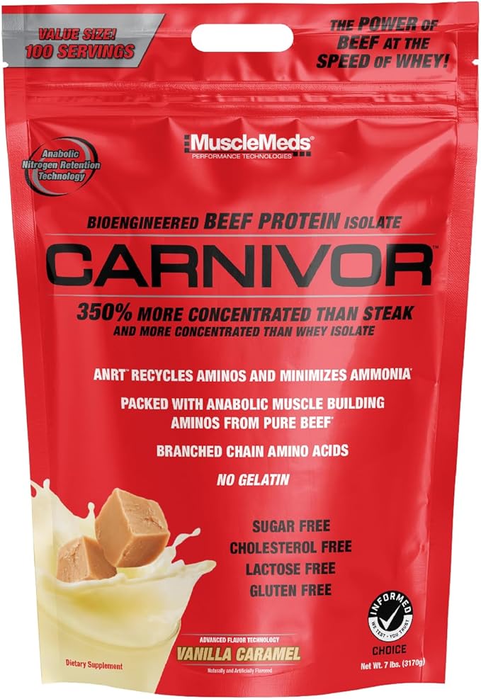 MuscleMeds Carnivor Beef Protein Isolate, 0 Lactose, 0 Sugar, 0 Fat, 0 Cholesterol, Halal Certified, Vanilla Caramel, 8 Lb, 100 Servings