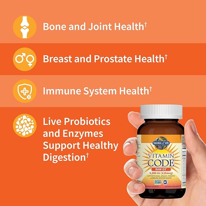Garden of Life Vitamin D, Vitamin Code Raw D3, Vitamin D 2,000 IU, Raw Whole Food Vitamin D Supplements with Chlorella, Fruit, Veggies & Probiotics for Bone & Immune Health, 60 Vegetarian Capsules