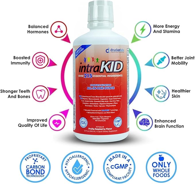 DRUCKER Labs 2.0 Organic Liquid Trace Minerals, Liquid Multivitamin for Kids, Immune Support, Non GMO, Dairy Free, Gluten Free, Magnesium, Vitamin D, C, E, Zinc, (32 oz., Fruity Raspberry)