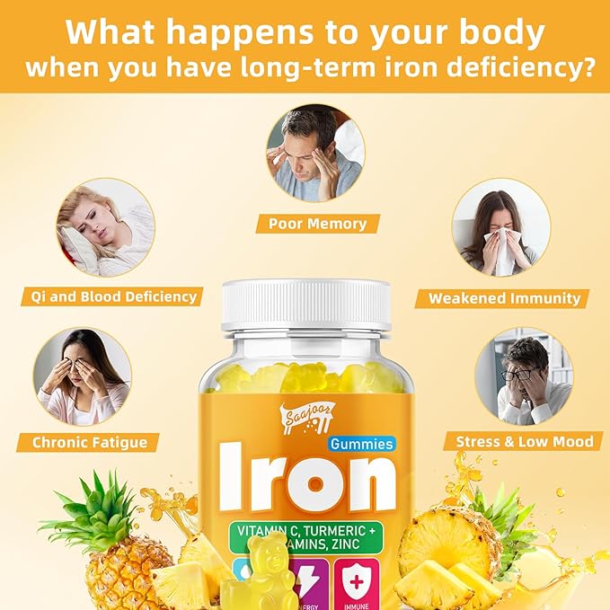 2 Pack Iron Gummies with Multivitamin for Adults & Kids – Packed with Vitamin B6, B12, C, Zinc, and Folate – for Blood Health & Energy Boost – Pineapple Flavor, Vegan-Friendly, 120 Gummies