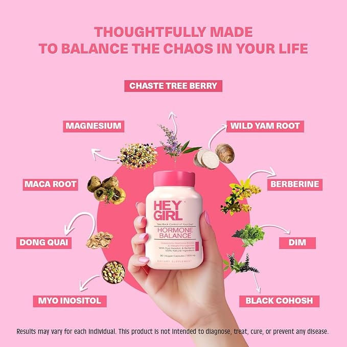 Hey Girl Hormone Balance for Women – 12in1 for Menopause, PCOS, PMS, Mood, Hot Flash, Hormonal Support– w Myo-Inositol, Berberine, Maca Root, Black Cohosh, DIM, Dong Quai