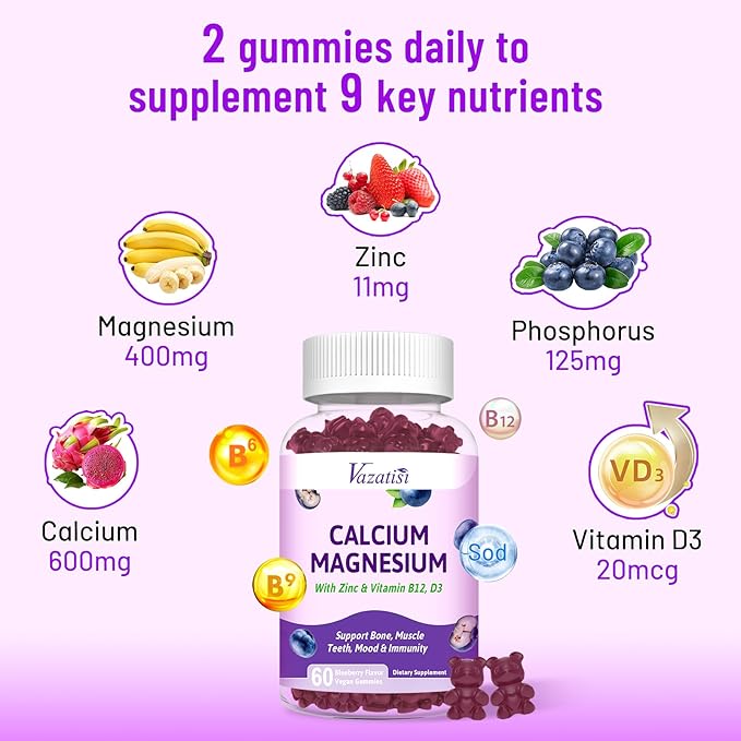 Calcium Magnesium Zinc Gummies with Vitamin D3 & B12, Sugar Free Calcium Supplements for Women Men, Support Immunity, Vegan Blueberry Flavor