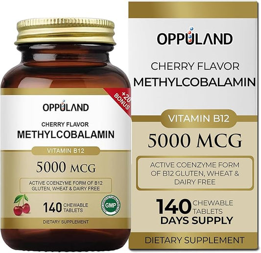 Methyl B-12 5000mcg Chewable with Folate - Vitamin B12 Methylcobalamin Sublingual Tablets - Supports Energy & Brain Function - Vegan Supplement - Cherry Flavor - 140 Count