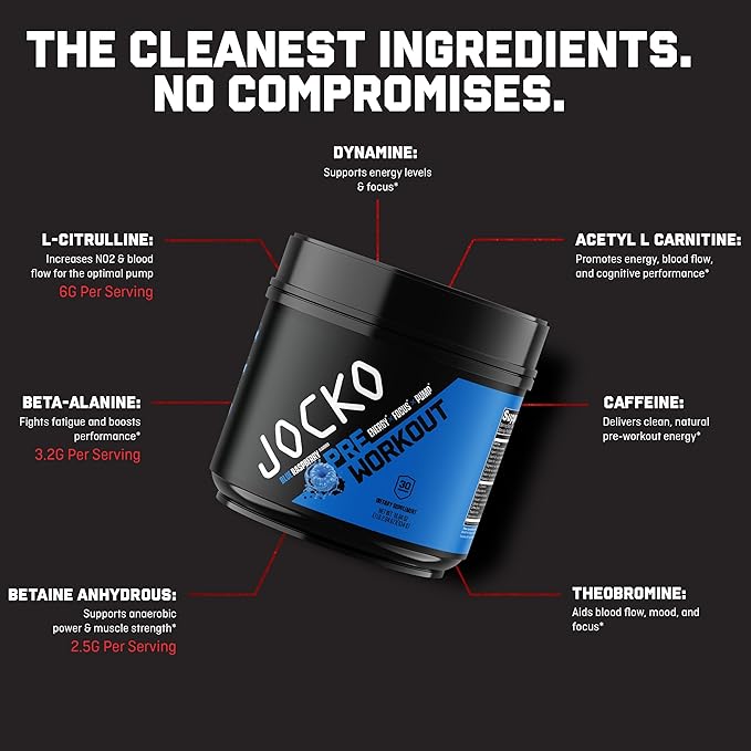 Jocko Fuel Ultimate Pre Workout Powder - Pre-Workout Energy Powder Drink for Men & Women - High Stim Sugar-Free Nootropic Blend to Support Muscle Pump, Energy, & Recovery 200mg Caffeine Blue Raspberry