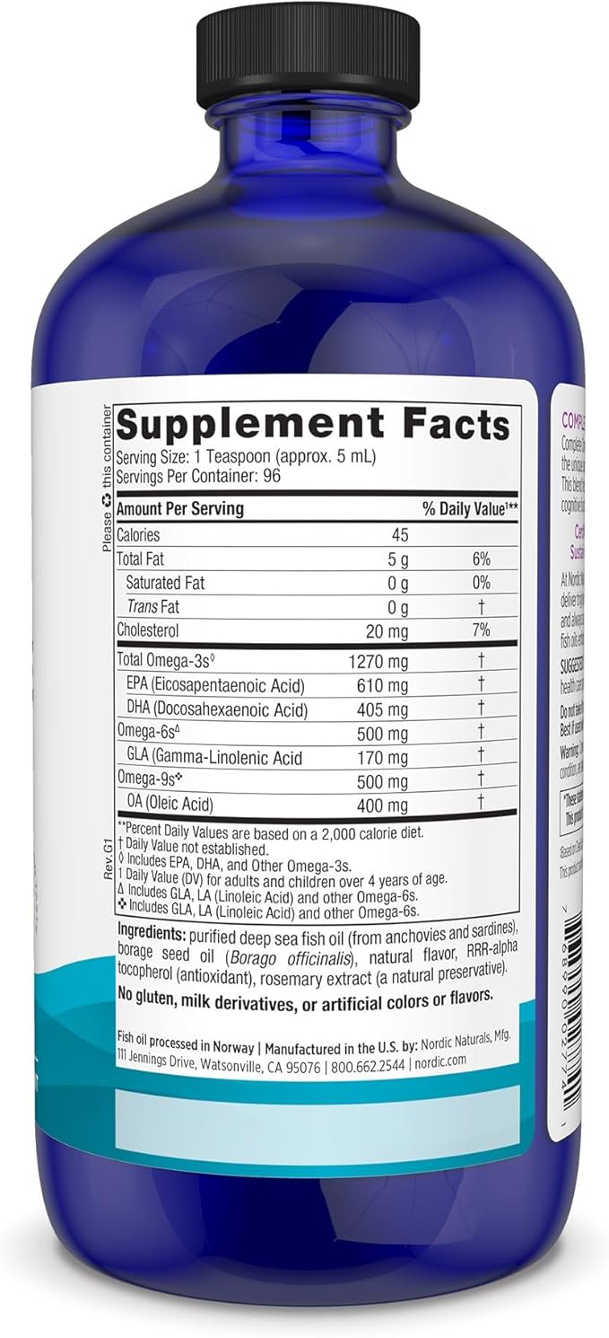 Nordic Naturals Complete Omega, Lemon Flavor - 16 oz - 1270 mg Omega-3 - EPA & DHA with Added GLA - Healthy Skin, Cognition, Positive Mood - Non-GMO - 96 Servings