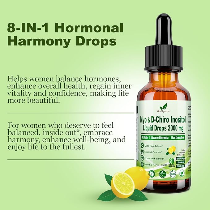 Myo & D-Chiro Inositol Supplement For Women, 40:1 Ratio Inositol Complex w. Multivitamin Chasteberry for Hormone Balance, Ovarian & Cycle Health* Liquid Drops 6x Stronger than Pills Powder