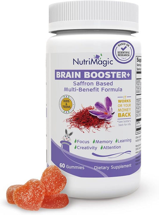 Brain Booster+ 30mg Pure Saffron Extract Gummies & Multivitamin D3, B6, B12, Zinc, Supports Kids Focus, Memory, Attention & Mood Balance - Promotes Brain Health Support, 60x Non-GMO Gummy