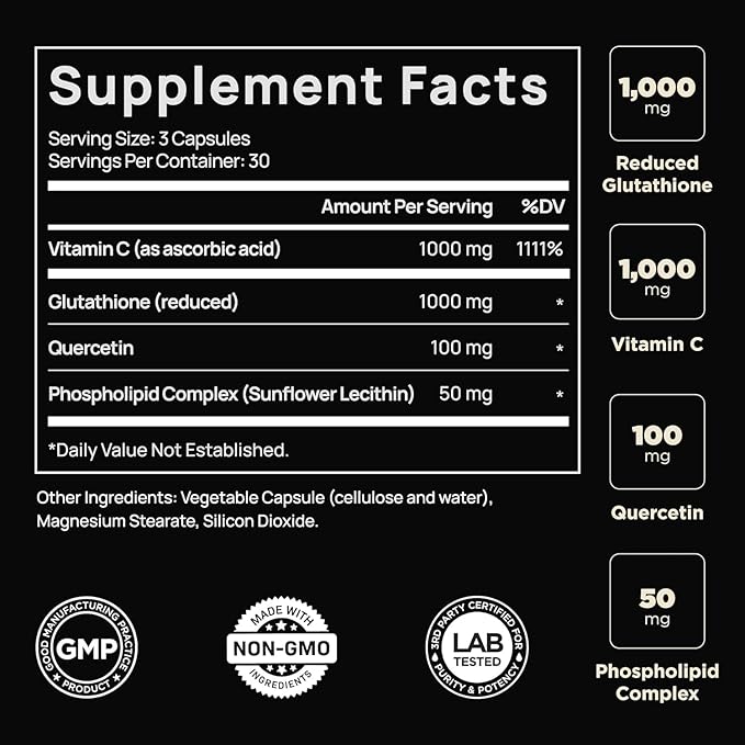 ELMNT 2150mg Super Antioxidant Liposomal Glutathione Supplement w. Vitamin C, Quercetin & Reduced L Glutathione 1000mg - Proven Complex for Best Absorption, Detox, Skin Glow + Immune - 90 Pills