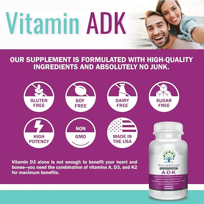 ADK Vitamin Supplement 5000 IU - High Potency Vitamins A, D3, and K2 for Bone Health and Calcium Absorption | Gluten-Free Vitamin ADK Supplement, 60 Day Supply, 60 Capsules