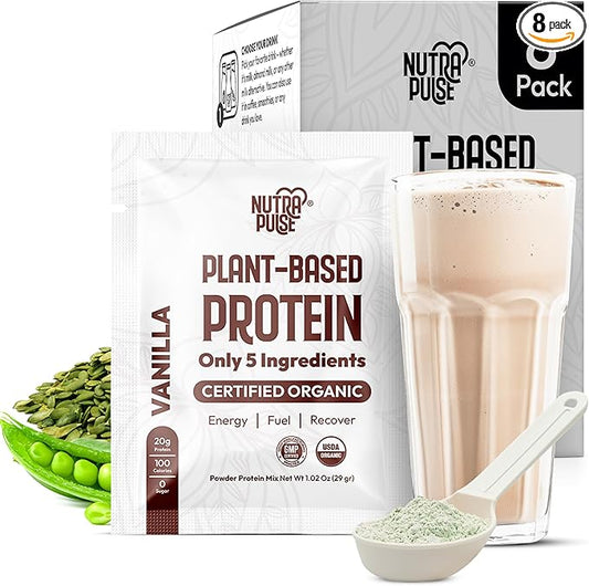 Organic Vegan Protein Powder Sample Pack - Plant-Based Protein, Gluten-Free, Non GMO, 20g Protein Per Serving, Great for Smoothies & Shakes (Vanilla, Pack of 8)