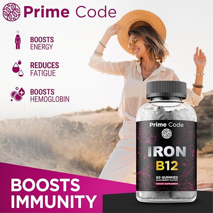 Prime Code Iron Gummies for Women & Men with Vitamin B12, Liquid Vitamin B1 Drops with Vitamin B3 B6 & B12, Liquid Vitamin A Supplement for Women & Men with Vitamin C E and D3