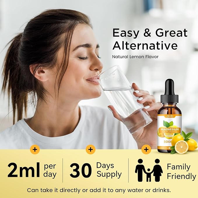 Magnesium Glycinate Supplement, Magnesium Glycinate Liquid Drops 500mg with Calcium, Zinc, Vitamin B6, D3, L-Theanine, Omega 3 for Sleep, Mood, Stress Relief, Bone, Muscle, Lemon Flavor