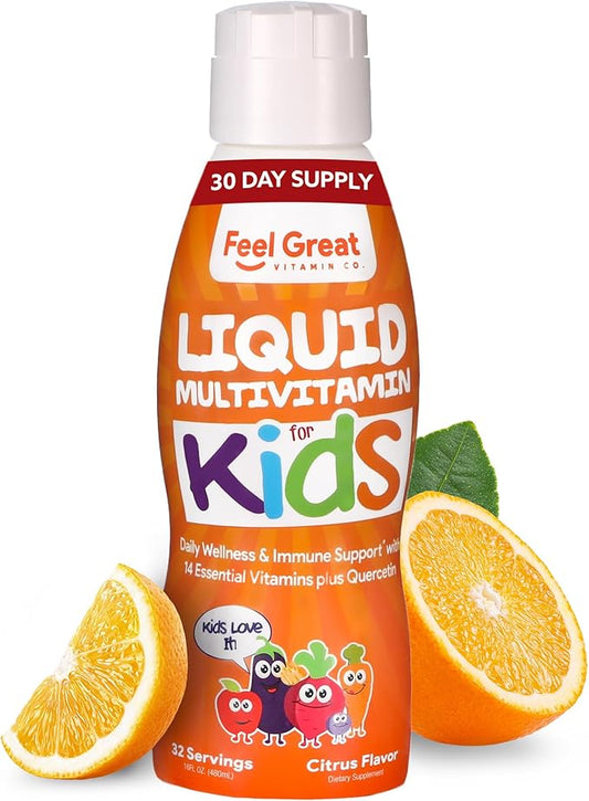 Feel Great Liquid Multivitamin for Kids | Orange Flavored Vegetarian & Sugar Free Kids Liquid Vitamin | Essential Kids Vitamins & Immune Support for Kids | 30 Day Supply