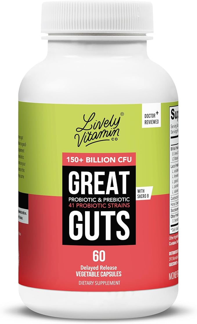 LIVELY VITAMIN CO. Great Guts Probiotic - 150 Billion CFU Probiotic - Balance Gut Microbiome, GI Tract, Inflammation, Indigestion, Reflux, Upset Stomach, & Diarrhea - 60 Caps