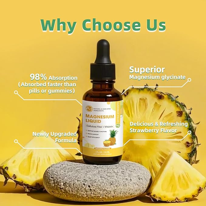 Magnesium Glycinate Liquid, High Absorption Magnesium Liquid Drops with Cellulose Fiber, Bromelain, Vitamin B6, C, D, Zinc, Magnesium Supplement for Kids and Adults, Pineapple Flavor, 1 Pack
