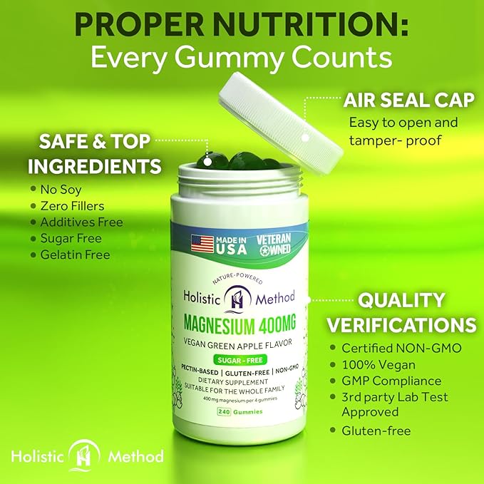 Magnesium Citrate Gummies - Sugar-Free, Vegan and Non-GMO for Better Sleep and Relaxation - No Sugar Alcohol - Magnesium Supplement for Adults, Teens and Kids - Green Apple - 240 Chews