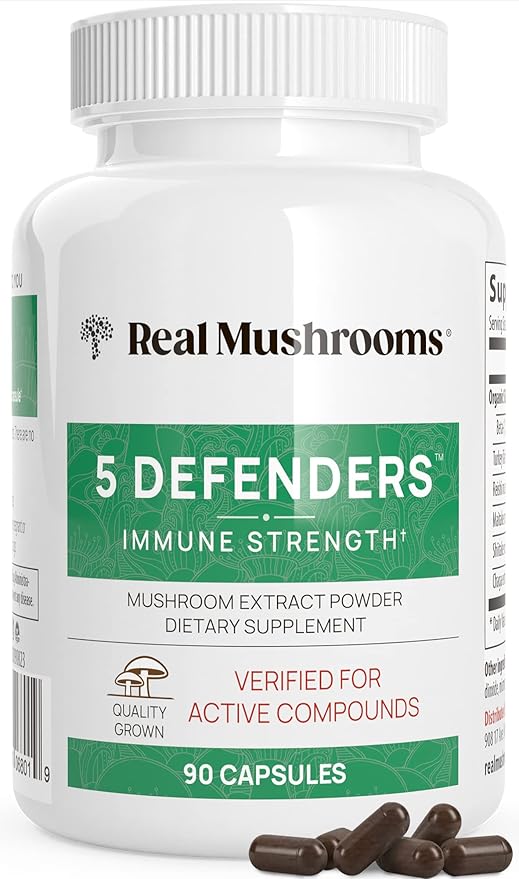 Real Mushrooms 5 Defenders Capsules - Organic Mushroom Extract w/Chaga, Shiitake, Maitake, Turkey Tail, Reishi Supplement for Focus, Immune Support Vegan, Non-GMO, 90 Caps