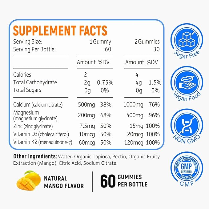 Calcium Magnesium Zinc Gummies for Adults & Kids,Sugar Free Calcium Citrate Supplement,High Absorption Magnesium Glycinate Gummies with Vitamin D3 & K2 - Bone & Muscle & Immune Health(60 Count)