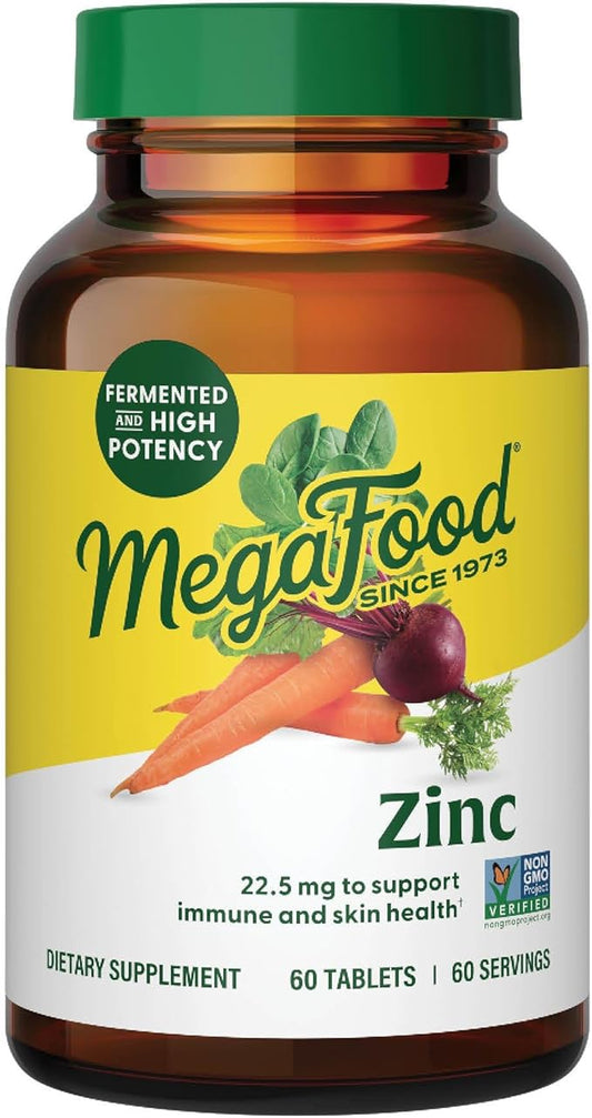 MegaFood Zinc Supplements - Vegan Immune Support Supplement With 22.5 mg High Potency Fermented Zinc - Made With Real Food - Gluten-Free, Kosher - 60 Tablets, 60 Servings