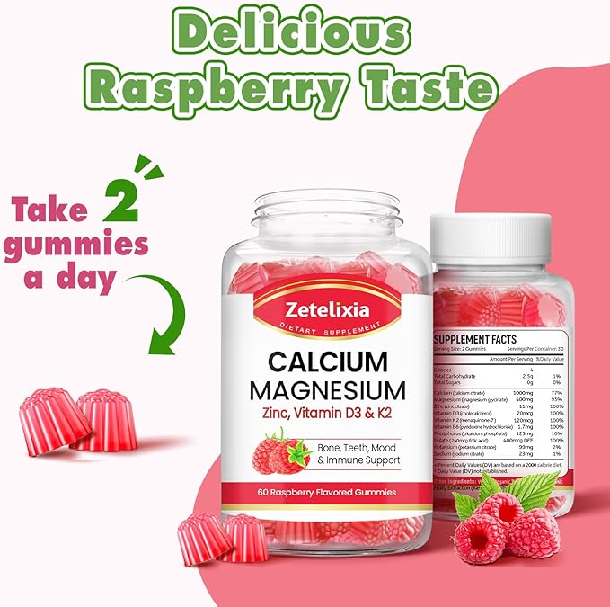 Calcium Magnesium Zinc Gummies with Vitamin D3 & K2, Calcium Gummies for B0nes Muscles, Women & Men, Raspberry Flavor - 120 Count
