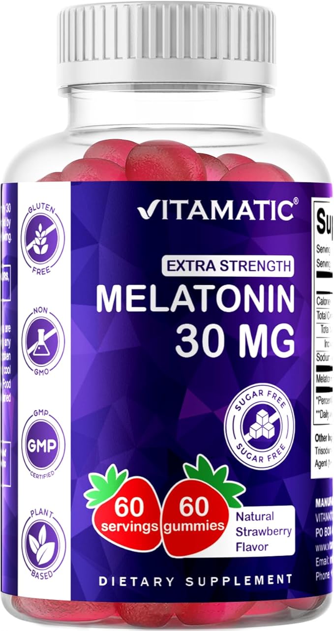 Vitamatic Sugar Free Melatonin 30mg per Gummy - 60 Servings - 60 Vegetarian Gummies - Non-Habit Forming Supplement (60 Count (Pack of 3))