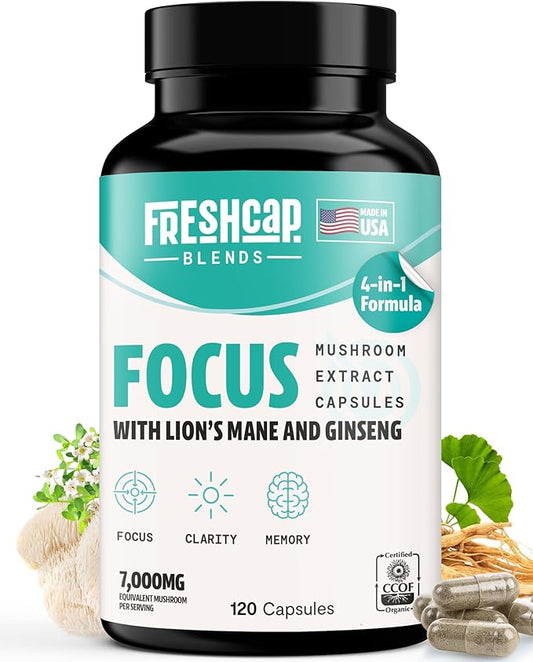 FreshCap 4-in-1 Focus Supplement - Brain Supplements for Memory and Focus - Memory Supplement for Brain, Brain Booster Supplement, Lions Mane Extract, Ayurveda Ginseng (120 Capsules)