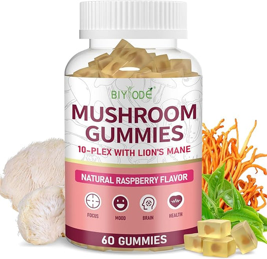 10x Mushroom Gummies: Sugar-Free Adaptogenic Blend with Lion's Mane Reishi Cordyceps Chaga for Stress Relief Focus Natural Calmness 1600mg per Serving 60 Count