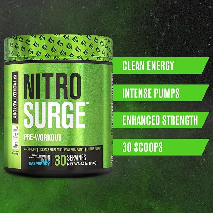 Jacked Factory NITROSURGE Pre Workout Supplement - Endless Energy, Instant Strength Gains, Clear Focus, Intense Pumps - Nitric Oxide Booster & Powerful Preworkout Energy Powder - 30 Servings, Grape