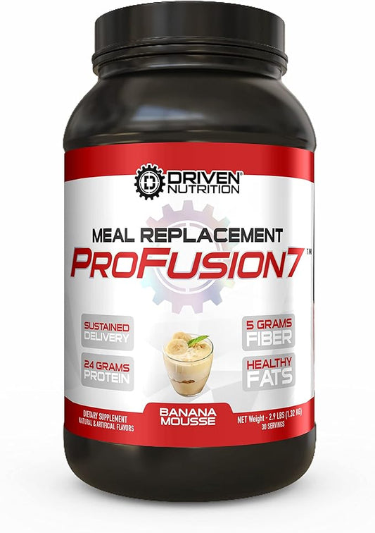Driven Pro Fusion 7 Meal Replacement Powder - Men & Women, 3 lbs - 24g Protein Per Serving, Digestive Enzymes & MCT Oil - Gluten-Free - On-The-Go Energy & Supports Muscle Mass - Banana Milkshake