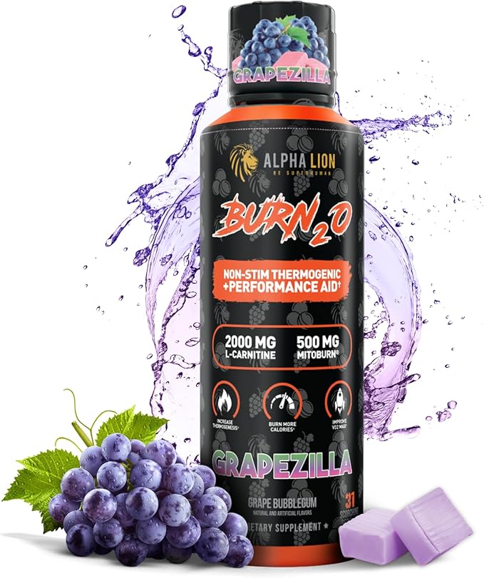 ALPHA LION Burn2O L-Carnitine Liquid 2000mg – Stim Free Super Thermogenic Fat Burner with MitoBurn® & CaloriBurn GP®, Metabolism Booster, Zero Calorie, Sugar-Free (31 Servings, Grapezilla Flavor)