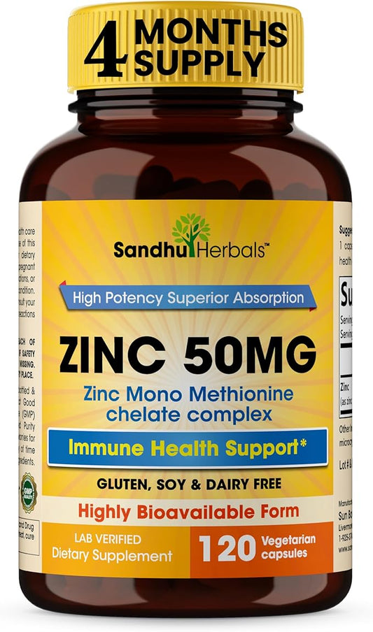 Zinc Supplements for Men and Women | Zinc 50mg 120 Vegetarian Capsules | Highly Absorbable Form for Immune Support | Zink 50 mg Supplement Promotes Skin Health