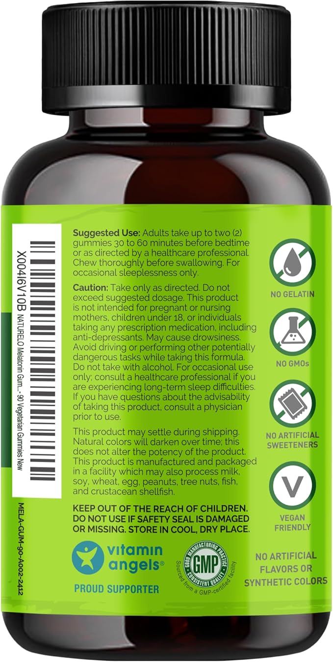 NATURELO Melatonin Gummies – Non-GMO, Gluten-Free, Soy Free - Strawberry Flavor - Gentle Sleep Supplement - 90 Vegetarian Gummies