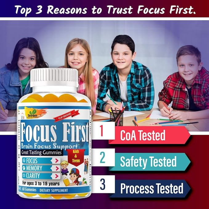 Focus First Kids Focus Support Gummies, Kids Brain Booster Focus Vitamins for Kids, Memory Booster Gummies for Brain with DHA/EPA Omega 3 6 9-60ct