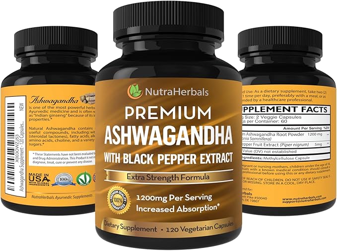 Ashwagandha Supplement Made with Premium Ashwaganda Root Powder 1200mg with Black Pepper Extract for Increased Absorption - 120 Vegi Capsules