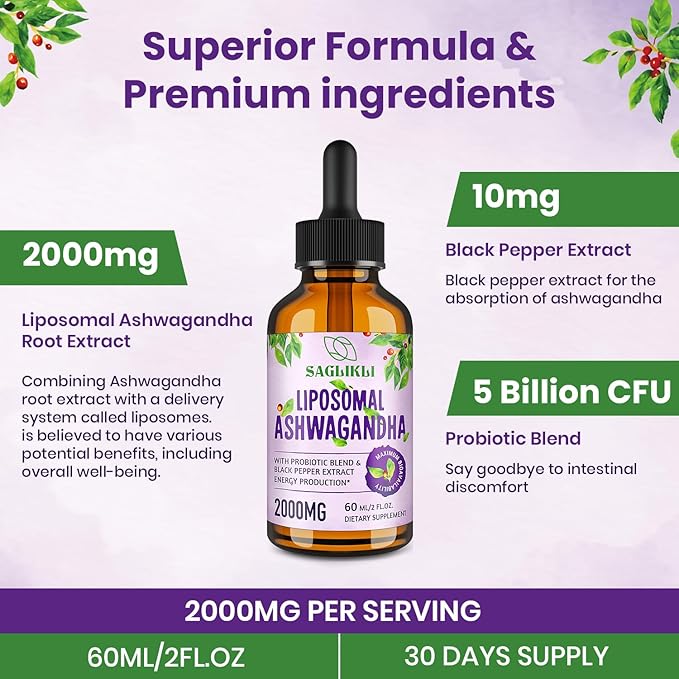 Liposomal Ashwagandha Liquid Drops 2000mg, Ashwagandha Root Extract Supplement (7% Withanolides) with Black Pepper Extract & Probiotics for Focus, Cognition & Energy - 2 FL.OZ (1 Bottle)