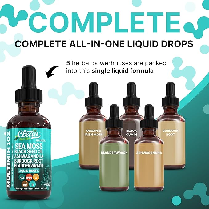 Clean Nutra Organic Sea Moss Drops Supplement | Black Seed Oil Irish Seamoss Ashwagandha Burdock Root & Bladderwrack - Multimineral Liquid Vegan for Gut Heath Energy Skin Immune Support & Hair