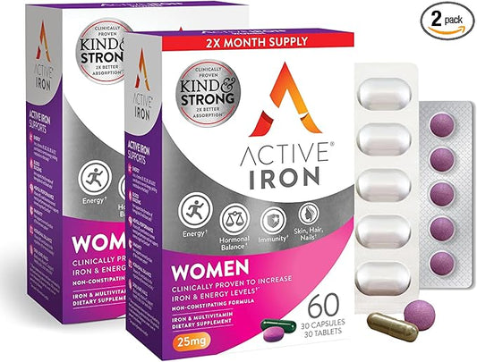 Active Iron for Women, Non-Constipating, 30 Active Iron High Potency Capsules with 30 Multivitamin Tablets, Helps Strengthen Your Immune System, 2 Pack