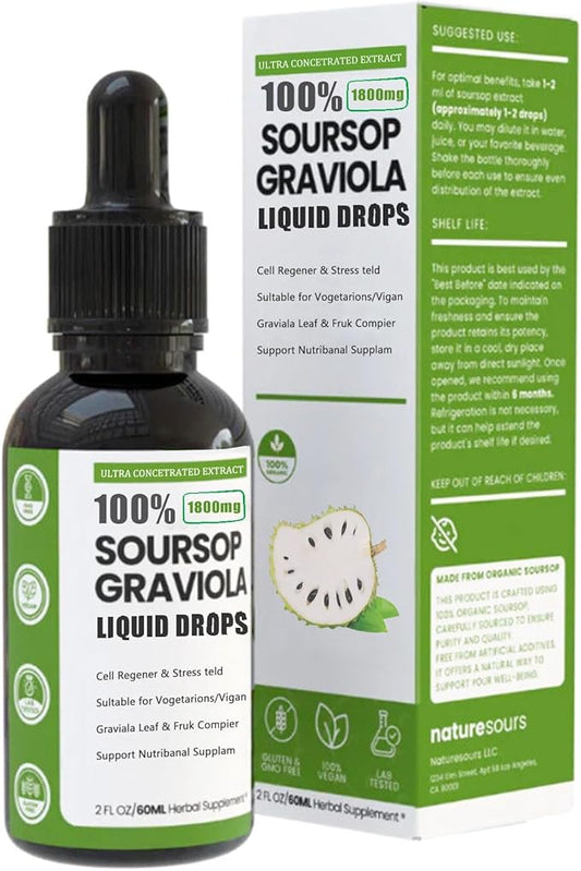 100% Pure Organic Soursop Extract, Soursop Bitters Liquid Drops, Soursop Graviola Liquid Drop Immune Boost, Relax, Liver and Sleep, Sugar/Gluten Free, Natural Flavor