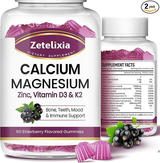 Calcium Gummies with D3, Calcium Magnesium Supplement with Glycinate,Potassium,Vitamin D3 & K2, &Whole Natural Food for Bone & Immune Support- 120 Chewable Gummy Elderberry Flavor
