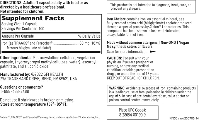 Klaire Labs Iron Bisglycinate Chelate Supplement - 30mg Ferrous Bisglycinate Chelate - Designed to be Well-Tolerated, Well-Absorbed & Gentle on Stomach - Hypoallergenic (100 Capsules)
