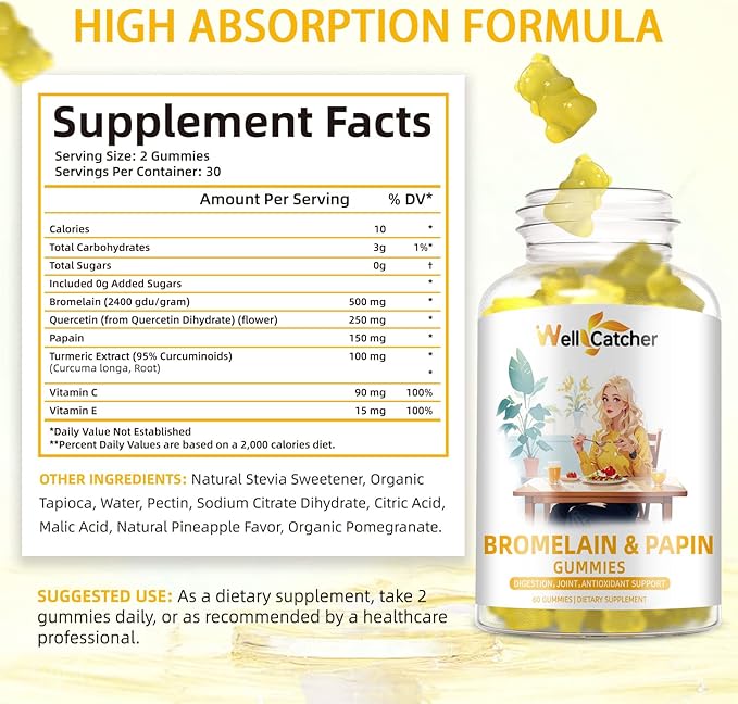 Bromelain Papain Enzyme Gummies Supplement: Bromelain 500MG with Querectin Gummies for Adults Kids, Organic Bromelain Papaya Enzymes Chewable for Digestive Support Immunity Antioxidant Vegan 60CT